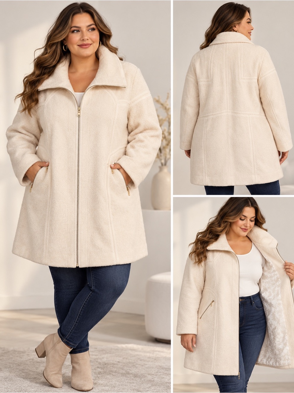 Jessica Simpson Ivory Wool Blend Zip Coat 3X Plus Size